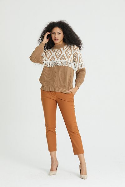 Nopen Knitwear Дамски пуловер с плетени шарки в цвят мляко и кафе
