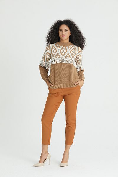 Nopen Knitwear Дамски пуловер с плетени шарки в цвят мляко и кафе