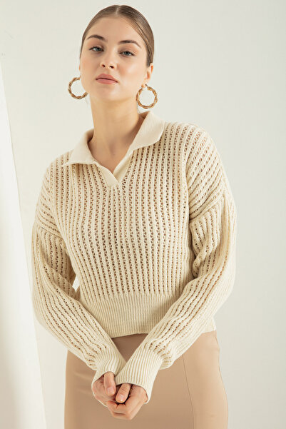 Lafaba Women's Beige Polo Neck Openwork/Hole Knitwear Sweater