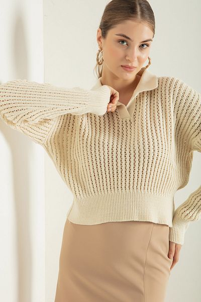 Lafaba Women's Beige Polo Neck Openwork/Hole Knitwear Sweater
