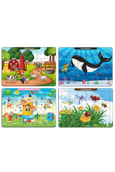 kutuTR Notpa Children's Educational and Educational Wooden 24 Piece Colorful Puzzle Set of 4