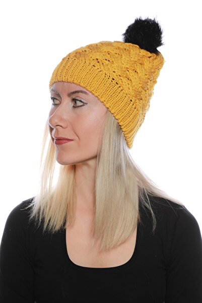 toptanhanem Стилна вълнена шапка с помпон - топла и модерна - жълта