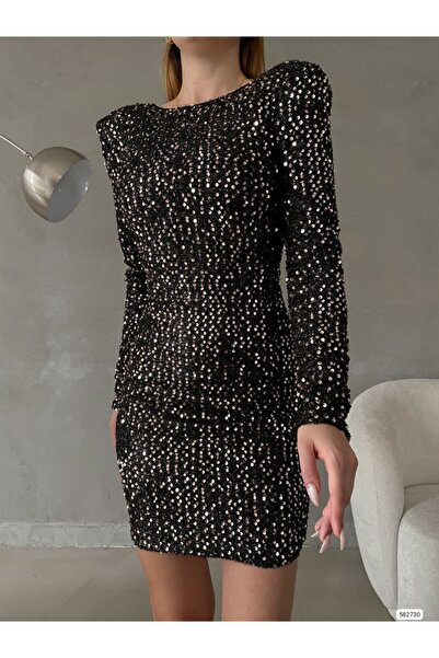 dükkan10butika Women's Long Sleeve Sequin Fabric Back Low-cut Short Evening Dress Copper