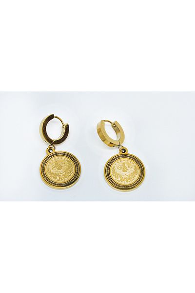 RAHAN TAKI Gold Tuğra Pattern Embroidered Earrings - Stainless Steel, 316L Steel