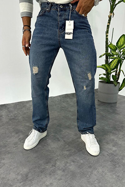 BDRMAN Baggy Bol Kalıp Mavi Taşlamalı Yırtık Model Kot Pantolon