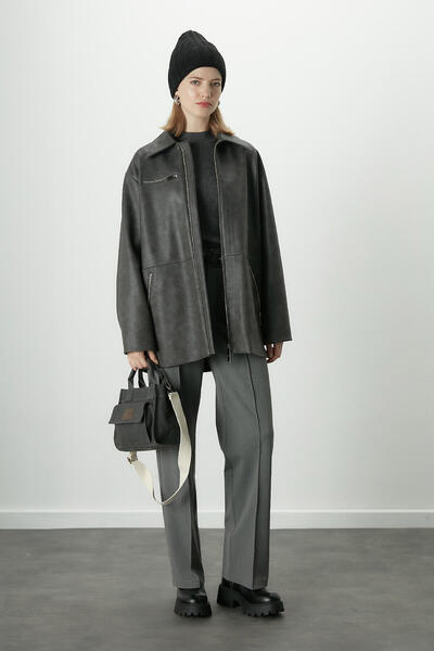 Manuka ESKİTME EFEKTLİ DERİ CEKET ANTRASİT