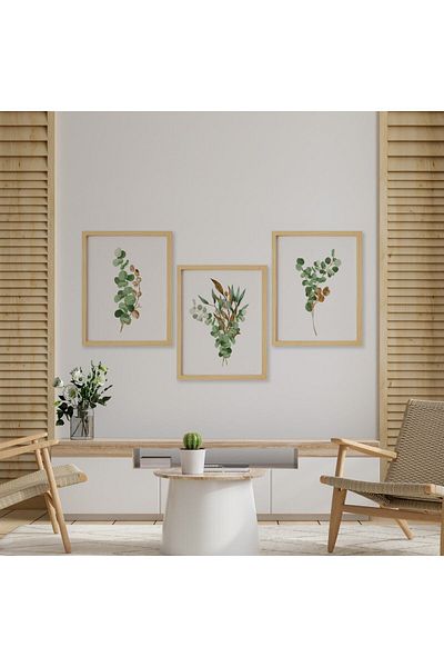 Ayışığı Dizayn Set de masă din lemn natural - frunze de ocaliptus cu 3 rame
