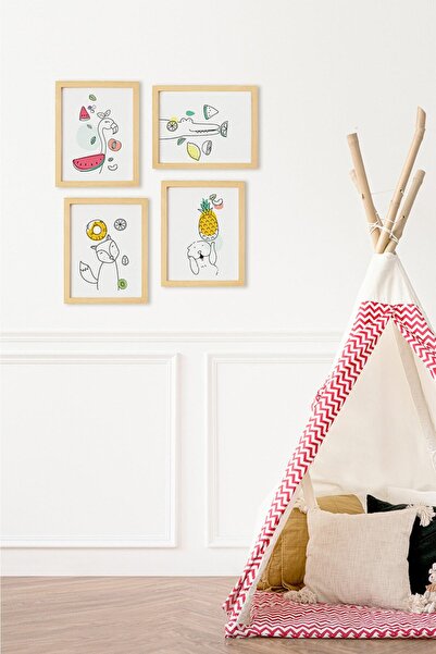 Ayışığı Dizayn Dječja soba Set od 4 slika u prirodnom drvenom okviru