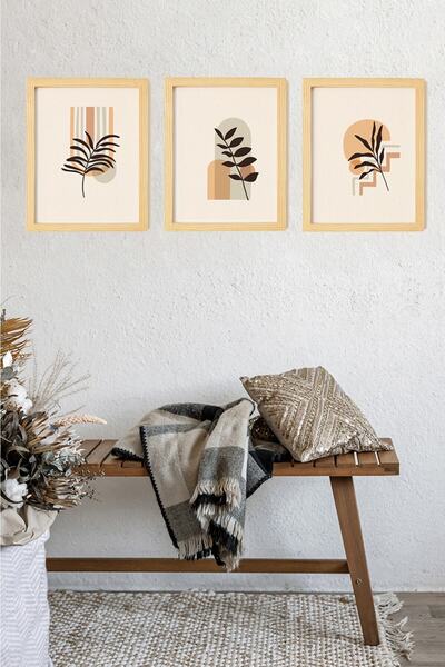 Ayışığı Dizayn Bohem & Iskandinav Doğal Ahşap Çerçeveli 3'lü Tablo Seti