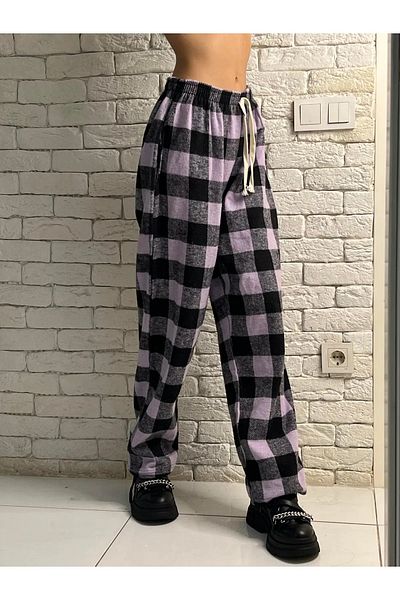 Gofeel Harajuku Purple/Black Plaid Square Detailed Unisex Wide Leg Vintage Sweatpants HS