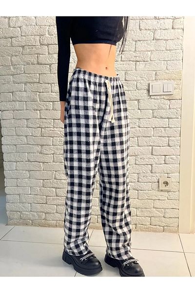 Gofeel Harajuku White/Brown Plaid Square Detailed Unisex Wide Leg Vintage Sweatpants HS
