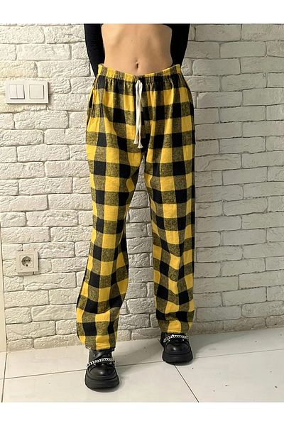 Gofeel Harajuku Mustard/Black Plaid Square Detailed Unisex Wide Leg Vintage Sweatpants HS