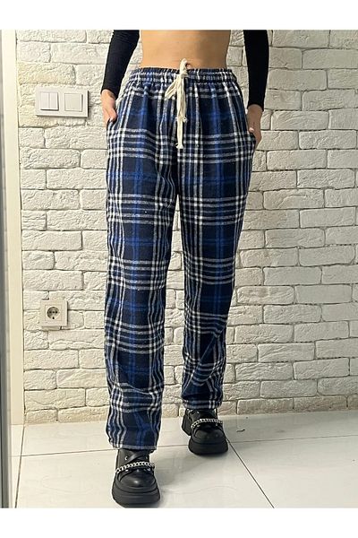 Gofeel Harajuku Blue Plaid Square Detailed Unisex Wide Leg Vintage Sweatpants HS
