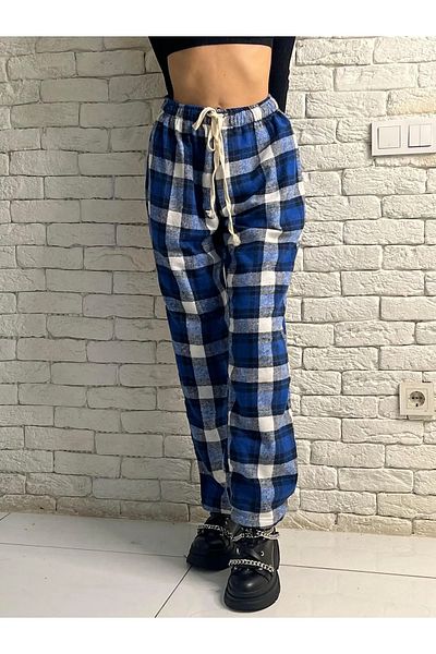 Gofeel Harajuku Blue/White Plaid Square Detailed Unisex Wide Leg Vintage Sweatpants HS