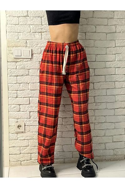 Gofeel Harajuku Red Plaid Square Detailed Unisex Wide Leg Vintage Sweatpants HS