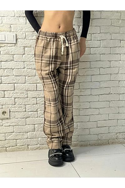 Gofeel Harajuku Brown/White Plaid Square Detailed Unisex Wide Leg Vintage Sweatpants HS