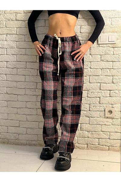 Gofeel Harajuku Purple/Red Plaid Square Detailed Unisex Wide Leg Vintage Sweatpants HS
