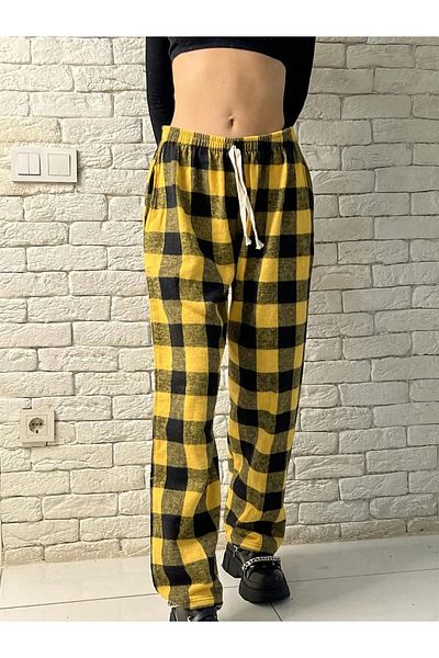 Gofeel Harajuku Mustard/Black Plaid Square Detailed Unisex Wide Leg Vintage Sweatpants HS