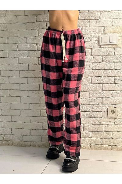 Gofeel Harajuku Pink/Black Plaid Square Detailed Unisex Wide Leg Vintage Sweatpants HS