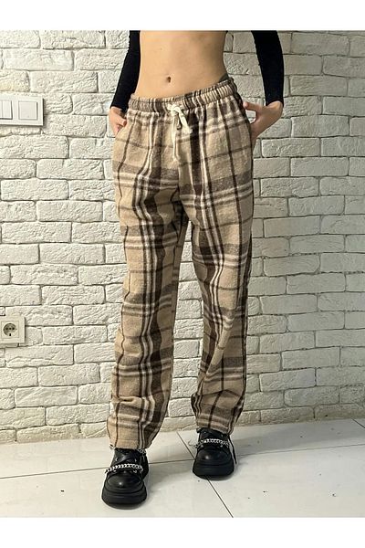 Gofeel Harajuku Brown/White Plaid Square Detailed Unisex Wide Leg Vintage Sweatpants HS