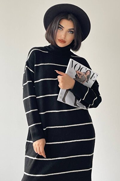 lovebox Rolák s dlouhým rukávem oversize midi délka pruhované černé úpletové šaty bez pásku 183