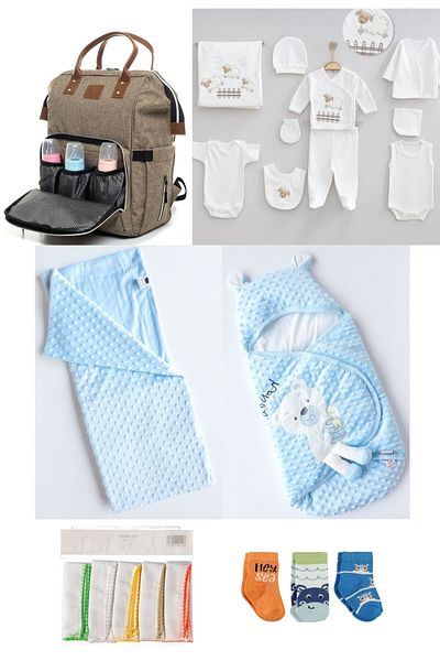 Necix's 6-Piece CUTE MONTHS BIRTH SET (10-Piece HOSPITAL EXIT, BABY BAG, SWADDLE, BLANKET, WIPES AND SOCKS SET)