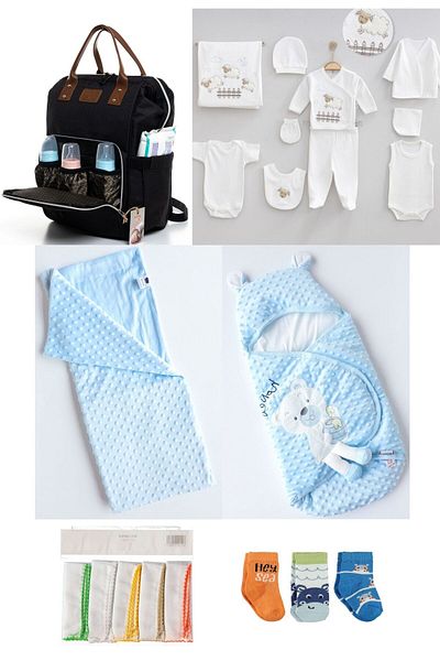Necix's 6-Piece CUTE MONTHS BIRTH SET (10-Piece HOSPITAL EXIT, BABY BAG, SWADDLE, BLANKET, WIPES AND SOCKS SET)