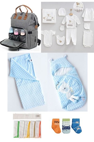 Necix's 6-Piece CUTE MONTHS BIRTH SET (10-Piece HOSPITAL EXIT, BABY BAG, SWADDLE, BLANKET, WIPES AND SOCKS SET)
