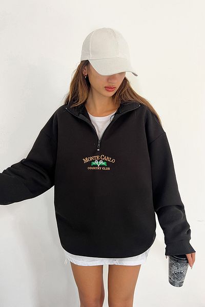 Sun Victoria Hanorac brodat unisex, negru, supradimensionat, din bumbac pieptănat, cu 3 fire