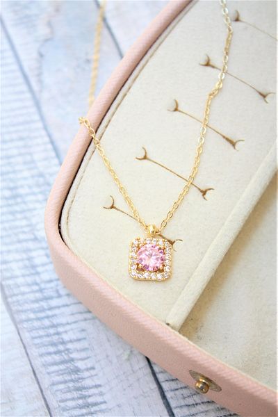 Neva GOLD PLATED FORCE CHAIN SQUARE CUT PINK COLOR ZIRCON SINGLE STONE NECKLACE