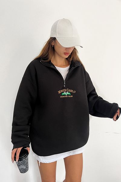 Sun Victoria Hanorac brodat unisex, negru, supradimensionat, din bumbac pieptănat, cu 3 fire