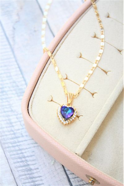 Neva GOLD PLATED THIN ARPA CHAIN NIGHT BLUE COLOR ZIRCON STONE HEART MOTIF NECKLACE