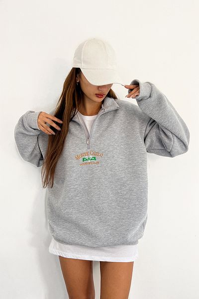 Sun Victoria Unisex γκρι γιακάς υπερμεγέθης με 3 κλωστές χτενισμένο βαμβακερό κεντημένο φούτερ