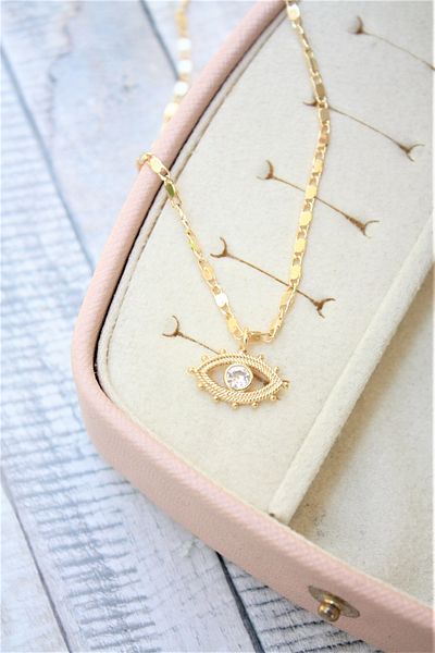 Neva GOLD PLATED THIN ARPA CHAIN RA EYE ZIRCON SINGLE STONE NECKLACE