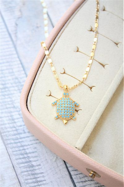 Neva GOLD PLATED THIN ARPA CHAIN TURQUOISE STONE TURTLE NECKLACE