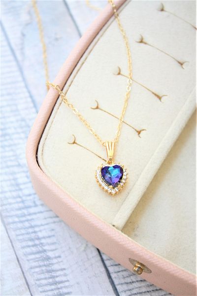 Neva GOLD PLATED FORCE CHAIN NIGHT BLUE COLOR ZIRCON STONE HEART MOTIF NECKLACE