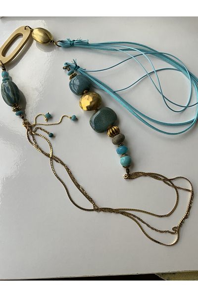 azra takı tasarım Handmade ceramic brass chain detailed long blue long women's necklace