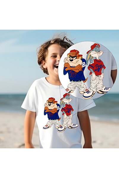 PHAMUK Beyaz Kısa Kollu Erkek Çocuk Yuvarlak Yaka Looney Tunes Ve Tazmanya Ca...