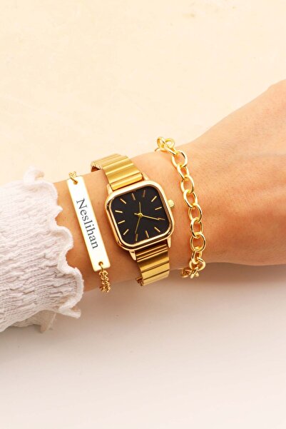 Northwatch Minimal Kare Gold Kadın Kol Saati & Yanındaki Bileklikler İle Beraber