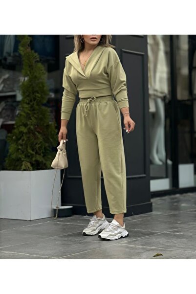 Elizar Moda طقم علوي وسفلي بخصر مطاطي بغطاء للرأس باللون الأخضر الكاكي