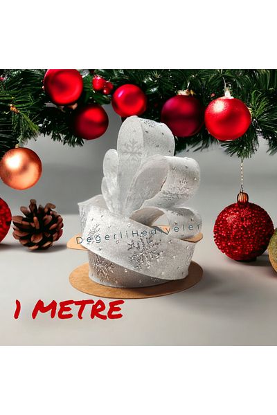 AGH Değerli Hediyeler 1 ΜΕΤΡΟ Ασημί Glitter Snowflake Χριστουγεννιάτικη Κορδέλα Κουτί Στολίδι Κορδέλα Δέντρο Στολίδι Κορδέλα