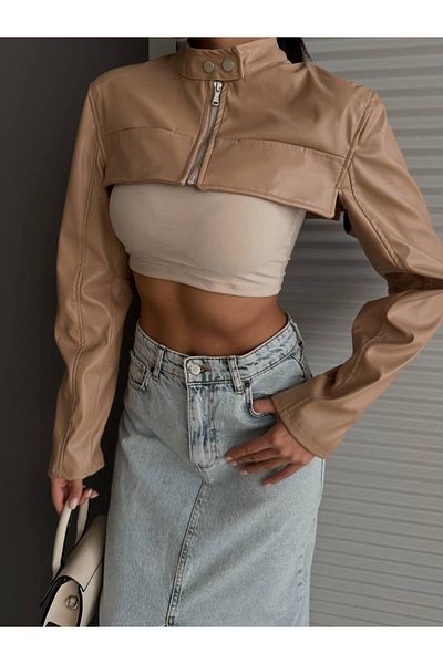 LB Laluna Butik Γυναικείο δερμάτινο μπουφάν Bolero με γιακά με τσέπη