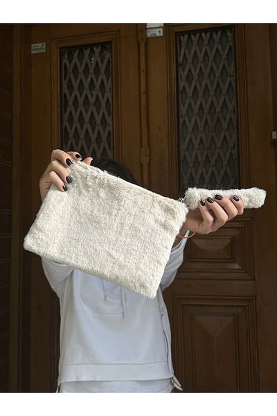 Simfa Γυναικεία βελούδινη/Teddy τσάντα συμπλέκτη με φερμουάρ και επένδυση