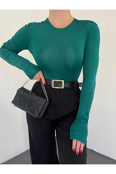 Fav Style Γυναικεία μακρυμάνικη μπλούζα με λαιμόκοψη σμαραγδί