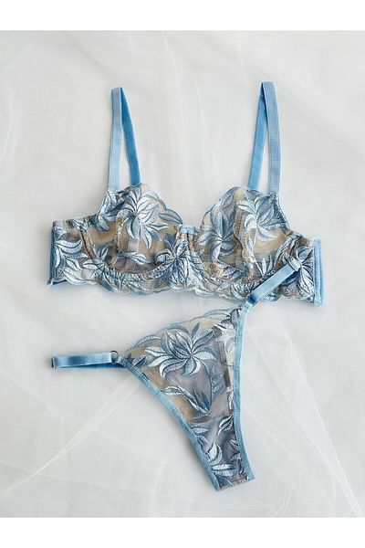 Arinda Blue Floral Floral Embroidered Underwire Underwear Set Blue