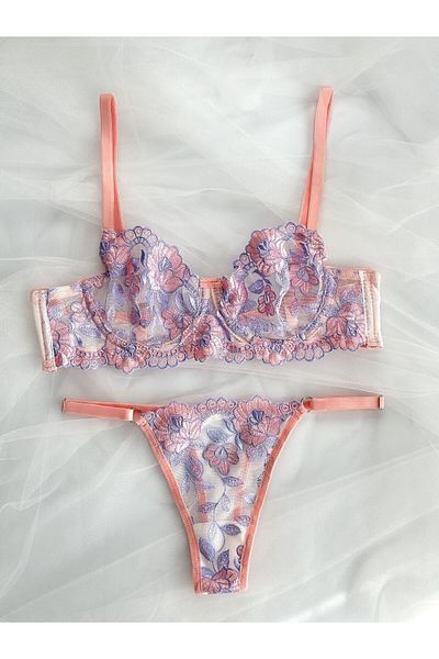 Arinda Lilac Salmon Romantic Flower Brode Embroidered Cupless Underwear Set