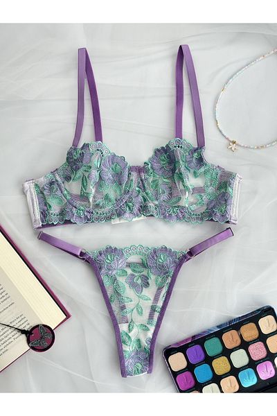 Arinda Lilac Suyeşli Romantic Flower Brode Embroidered Underwire Cupless Underwear Set