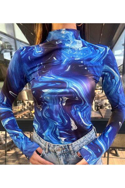 MY DEPO Bluză de damă cu model cu guler înalt, tăiată cu degetele