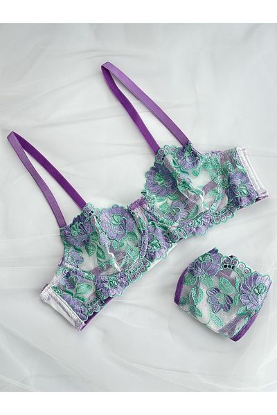Arinda Lilac Suyeşli Romantic Flower Brode Embroidered Underwire Cupless Underwear Set