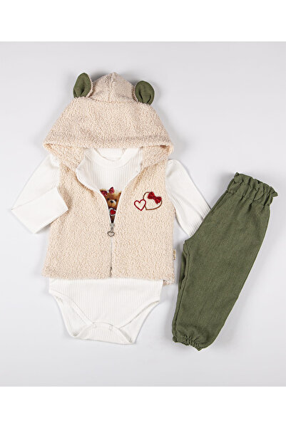 Melekpare طقم بيبي بناتي 3 قطع دمية دب مع مشبك بادي + بنطلون مخملي + سترة قطي...